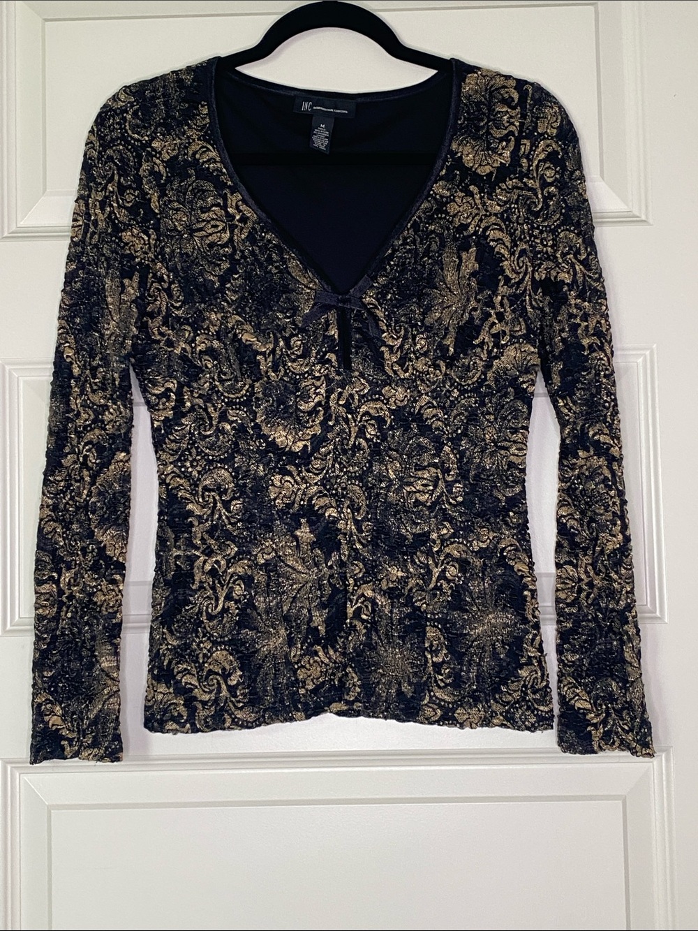 INC International Concepts Black and Gold Burnout Velvet V-Neck Long Sleeve Top